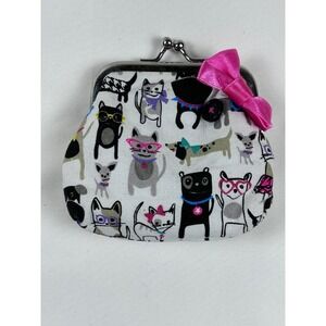 Cute Retro Cat Print Kiss Lock Coin Purse Pink Bow Kawaii Pouch Wallet 3"x3.5"